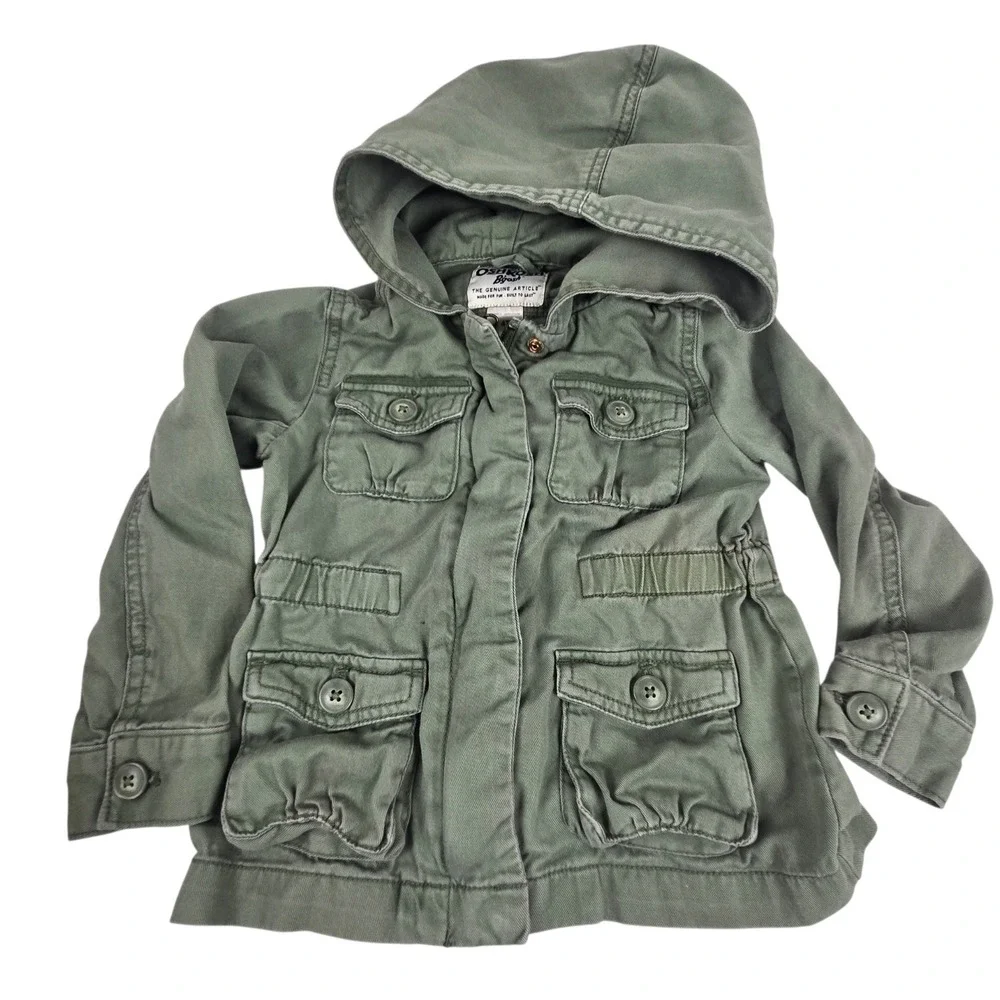 Retro OshKosh B'gosh Utility Jacket Hooded Cargo Military Coat Olive Green 4T